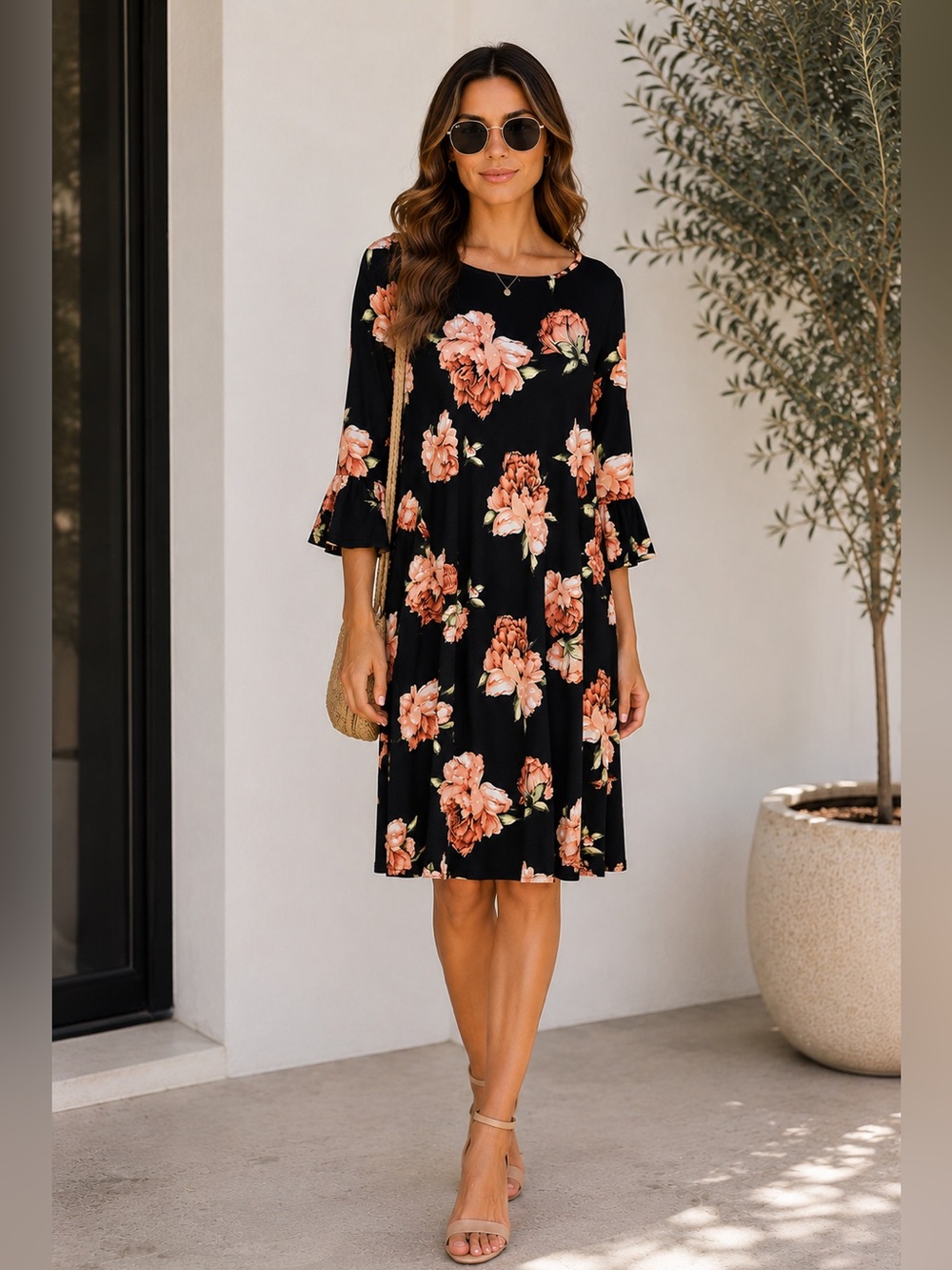 Jamie & Layla from Macys Floral Swing Dress Black Peach Bell Sleeves M